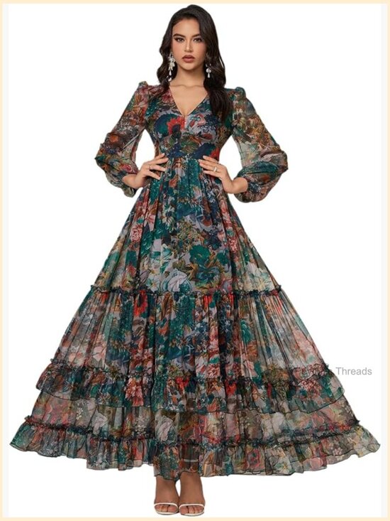 Dresses & Skirts - Boho V Neck Long Sleeve Ruffle Floral Print Maxi Dress Swing Tiered Hem